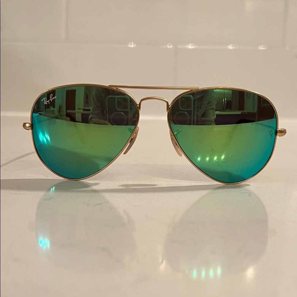 Ray-Ban matte Gold Frame Sunglasses with Blue-Green Lenses